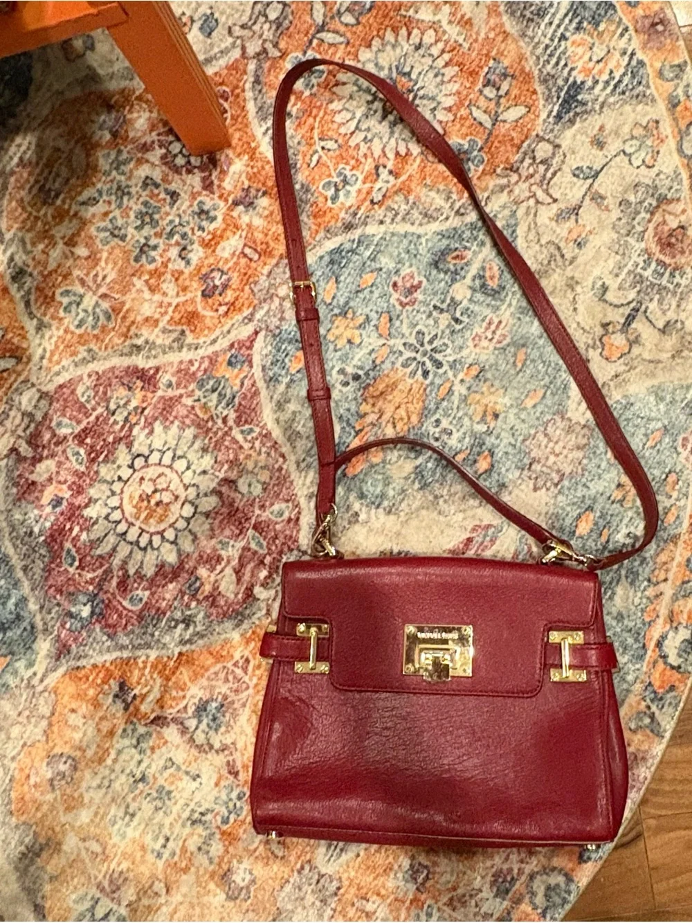 Michael Kors Wine Leather Top-Handle Satchel with Gold Hardware